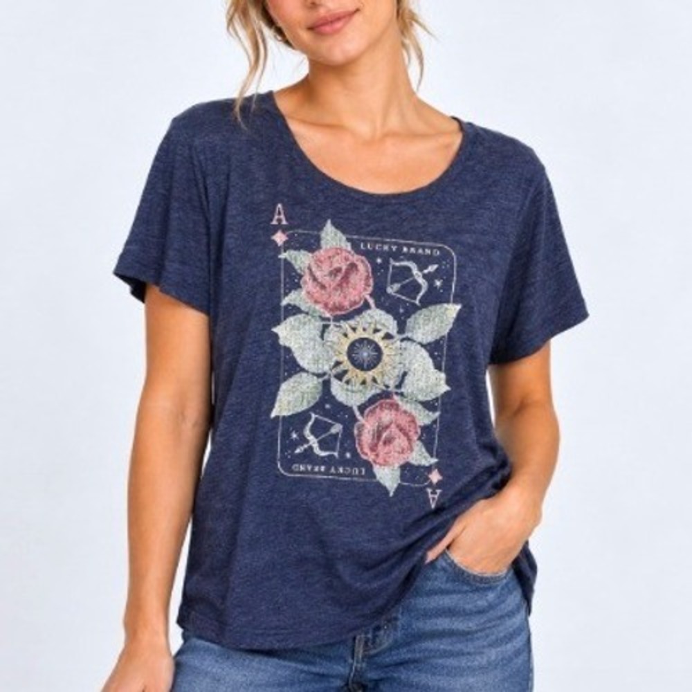 NWT Lucky Brand Blue Gray Floral Playing Card Graphic Boho Celestial Tee XXL